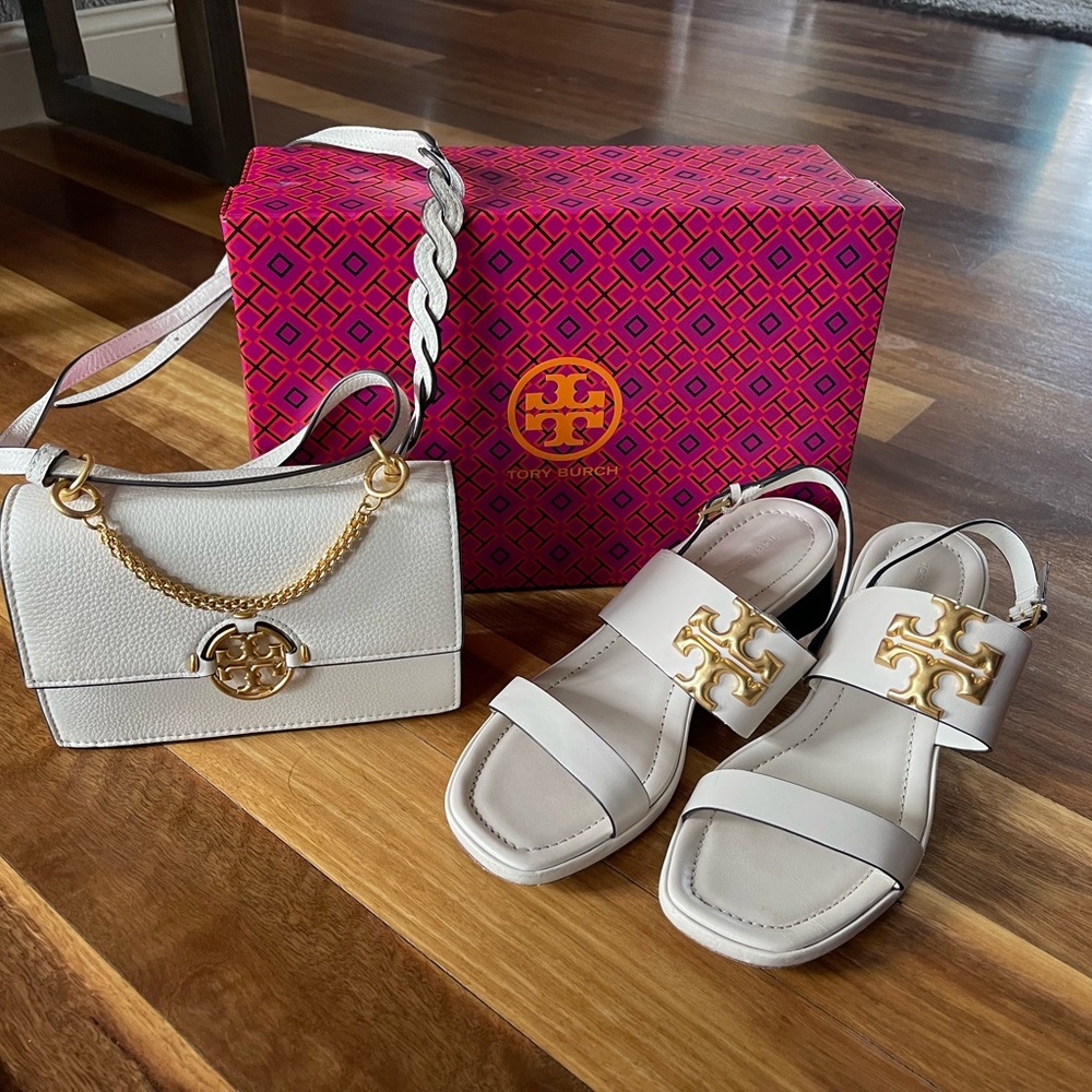 Tory Burch Set Color New Ivory Crossbody Purse & Matching Shoes Size 9.5 EUC